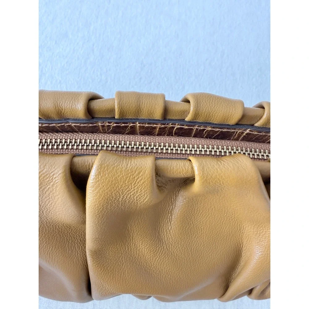 STAUD Bean Bag Clutch Women Small Tan Brown Ruched Leather Pleated NO STRAP